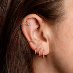 Close-up of an ear with multiple gold earrings against a neutral background