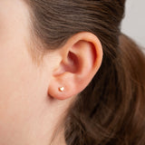Close-up of an ear wearing a gold earring with hair partially covering the face.
